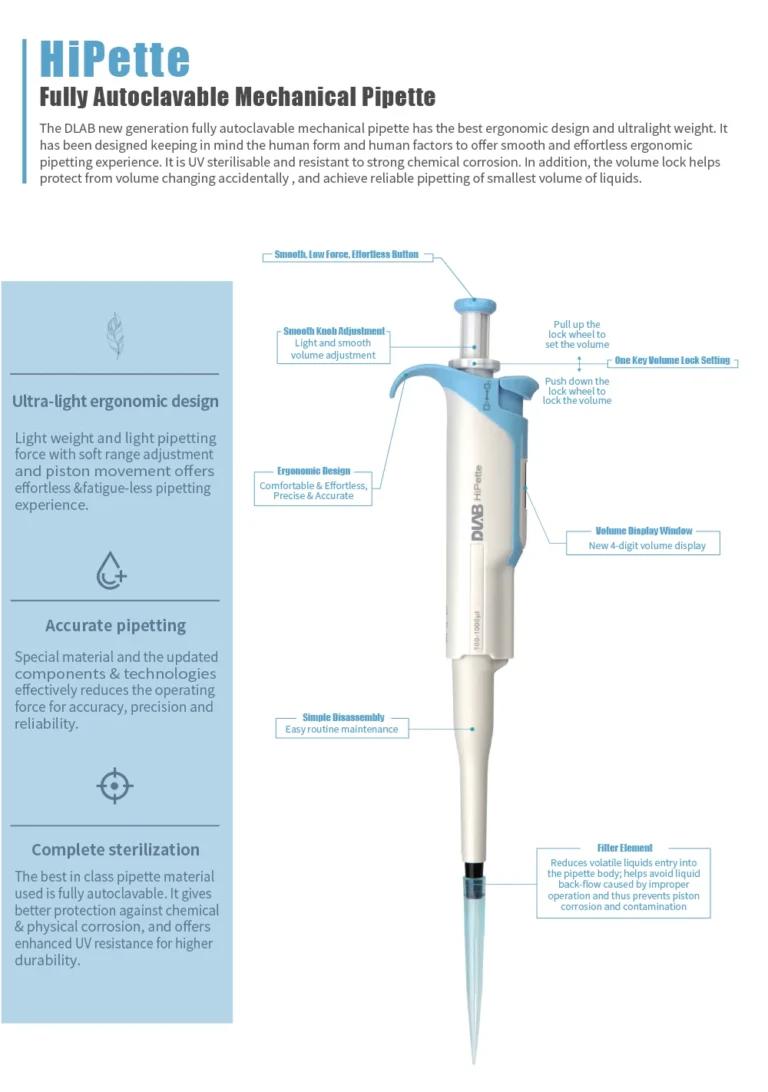 DLAB HiPette Ayarlanabilir Otomatik Pipet 1000-5000 μL UV Sterilizasyona Uygun ve Tamamı Otoklavlanabilir